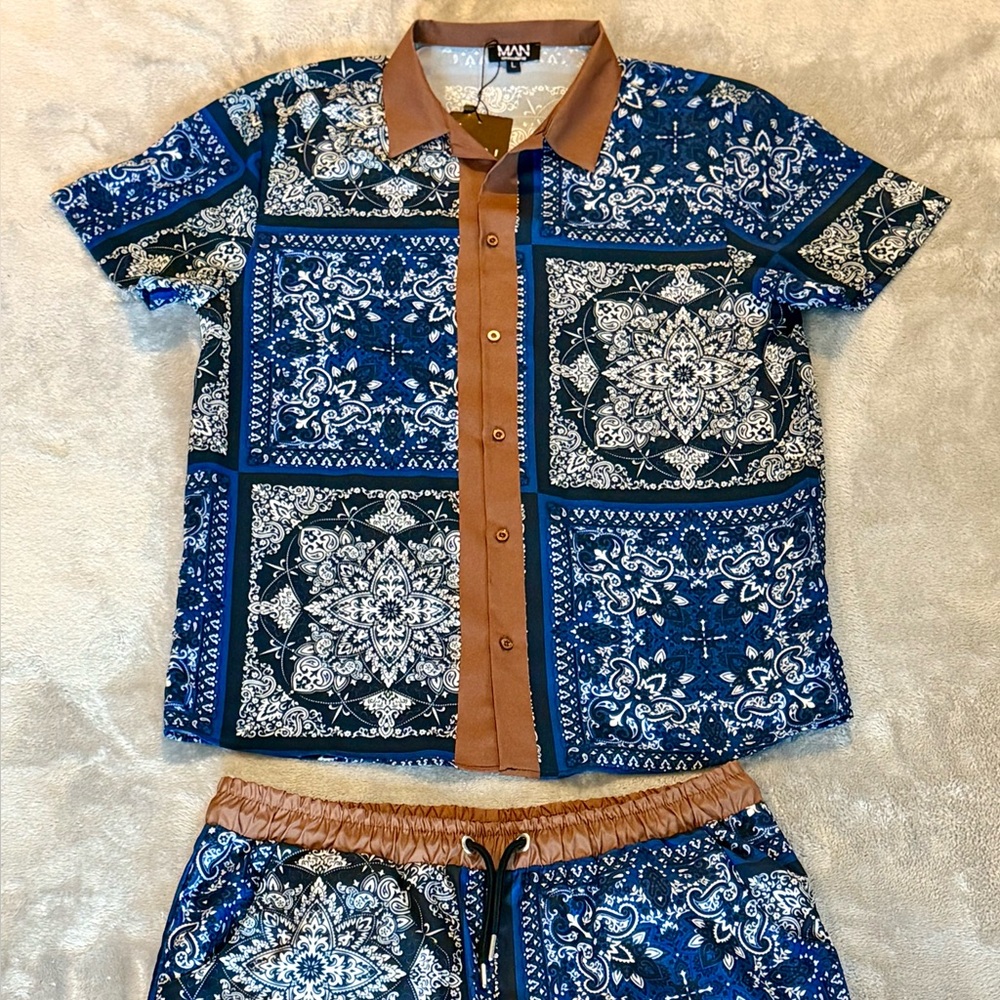 Boohoo Mens Blue and Brown Patterned Swim set